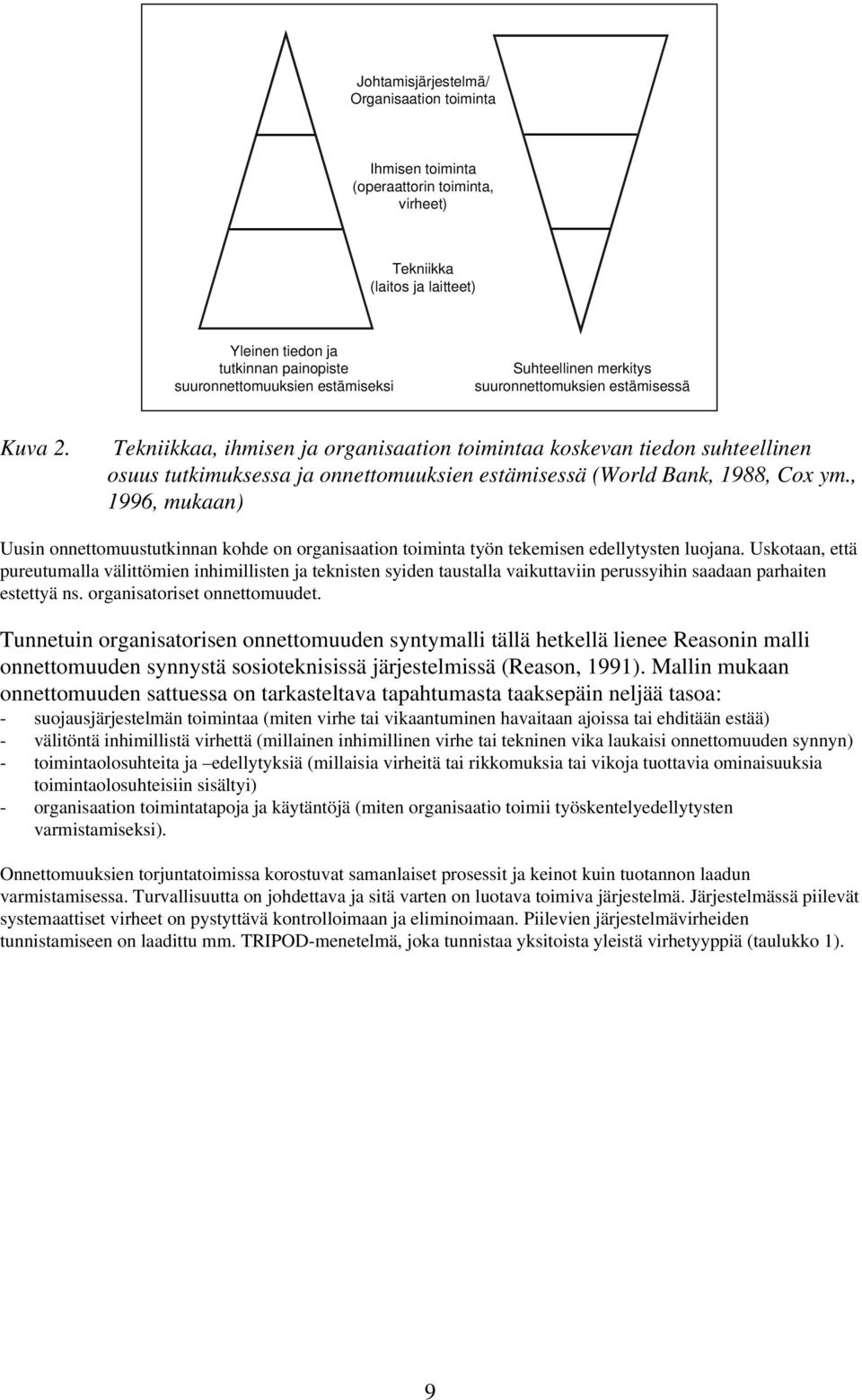 Tekniikkaa, ihmisen ja organisaation toimintaa koskevan tiedon suhteellinen osuus tutkimuksessa ja onnettomuuksien estämisessä (World Bank, 1988, Cox ym.