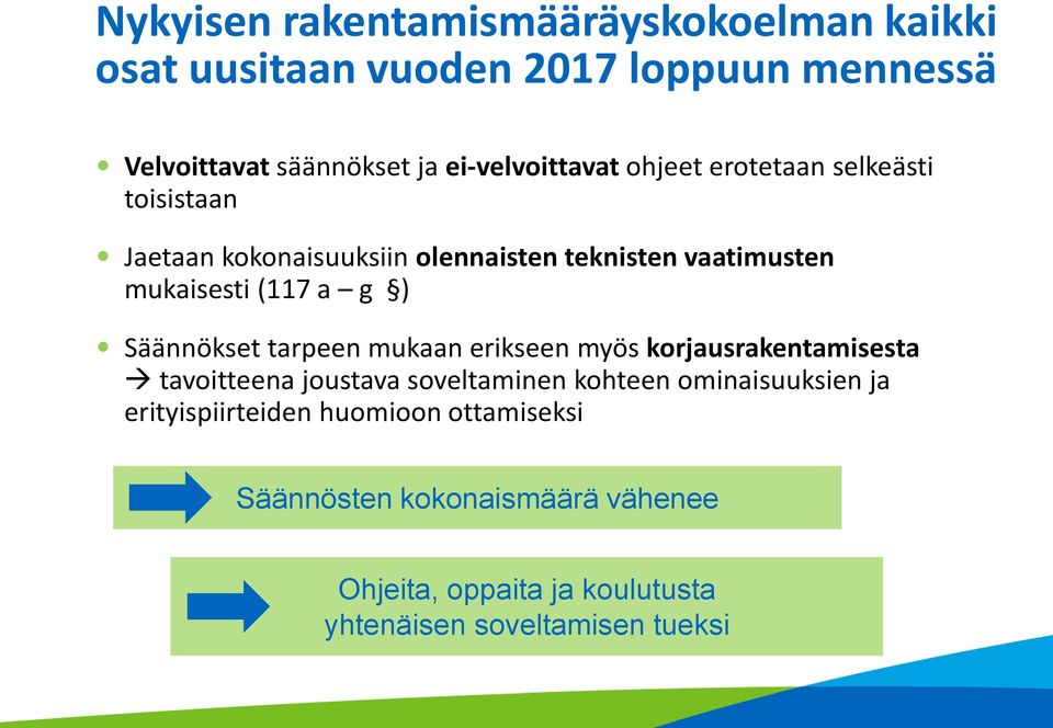 (117 a g ) Säännökset tarpeen mukaan erikseen myös korjausrakentamisesta tavoitteena joustava soveltaminen kohteen