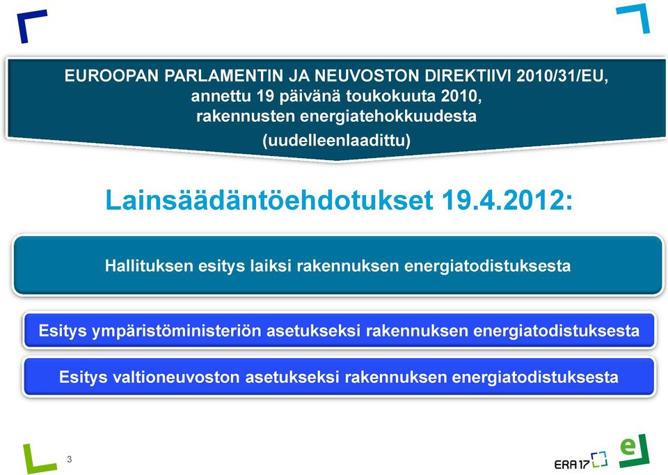 2012: Hallituksen esitys laiksi rakennuksen energiatodistuksesta Esitys ympäristöministeriön