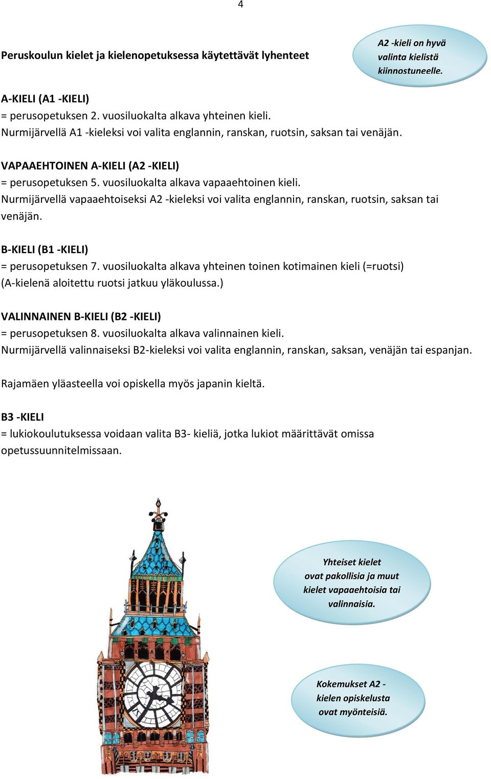 Nurmijärvellä vapaaehtoiseksi A2 -kieleksi voi valita englannin, ranskan, ruotsin, saksan tai venäjän. B-KIELI (B1 -KIELI) = perusopetuksen 7.