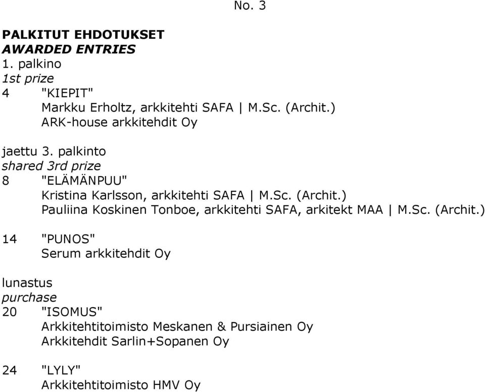 palkinto shared 3rd prize 8 "ELÄMÄNPUU" Kristina Karlsson, arkkitehti SAFA M.Sc. (Archit.