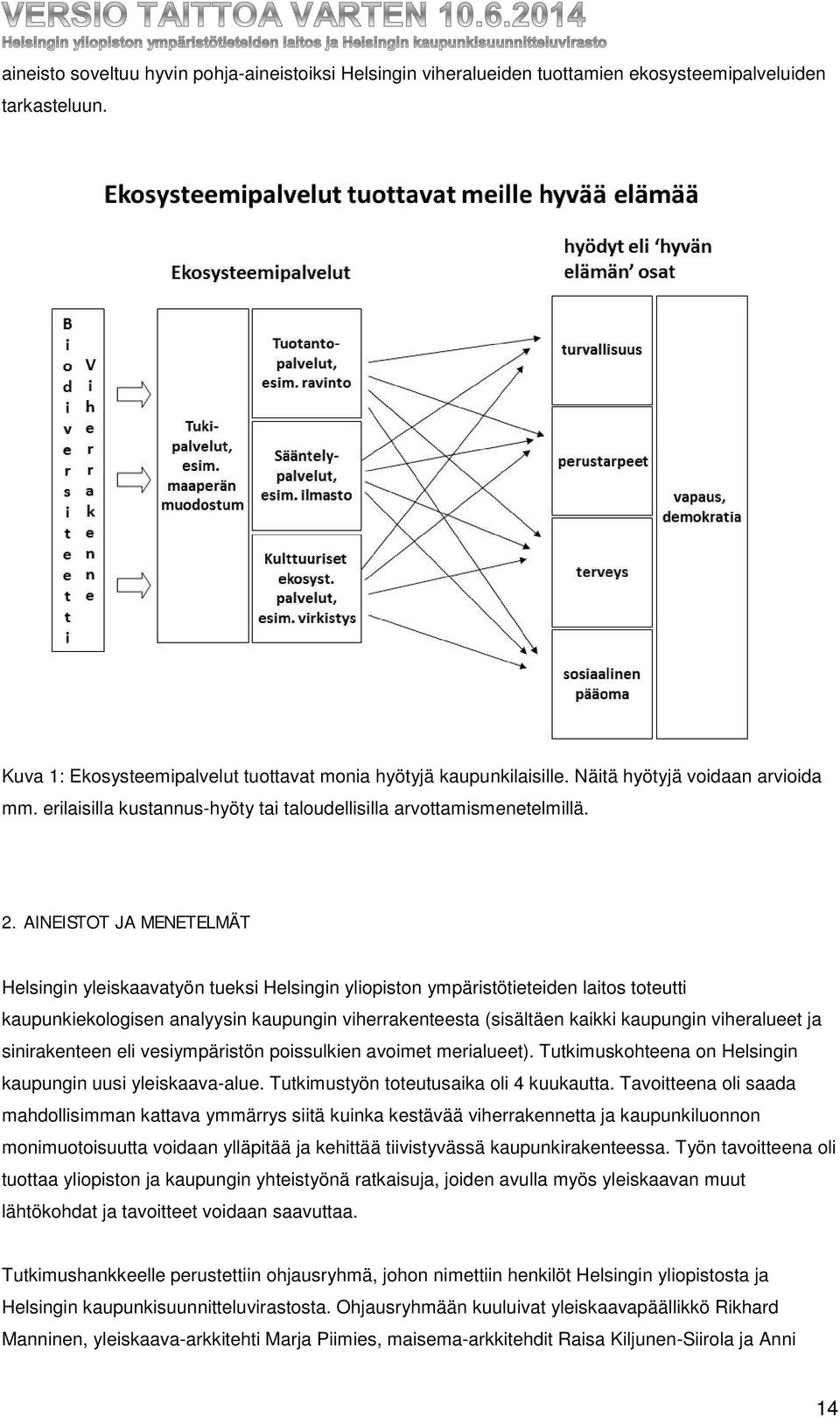 AINEISTOT JA MENETELMÄT Helsingin yleiskaavatyön tueksi Helsingin yliopiston ympäristötieteiden laitos toteutti kaupunkiekologisen analyysin kaupungin viherrakenteesta (sisältäen kaikki kaupungin