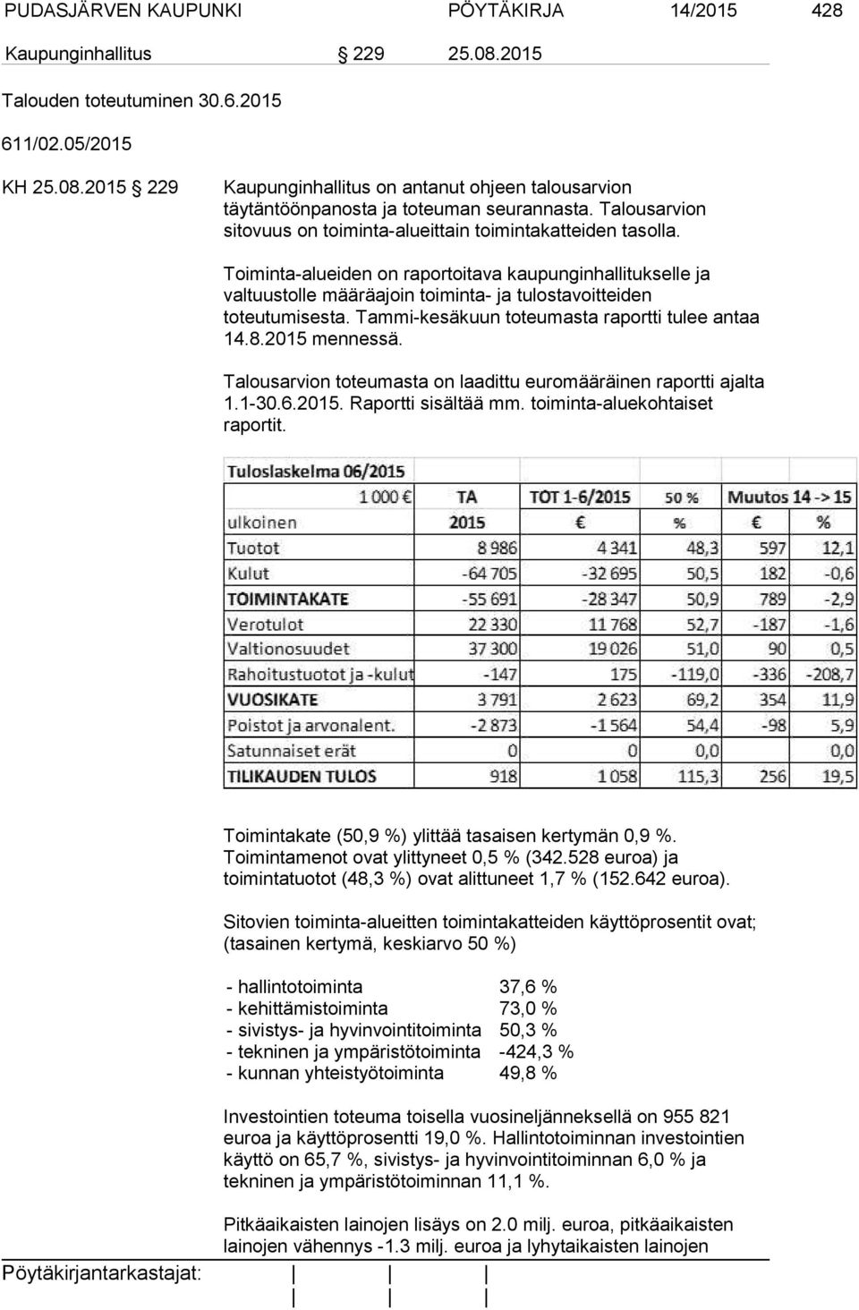 Toiminta-alueiden on raportoitava kaupunginhallitukselle ja valtuustolle määräajoin toiminta- ja tulostavoitteiden toteutumisesta. Tammi-kesäkuun toteumasta raportti tulee antaa 14.8.2015 mennessä.