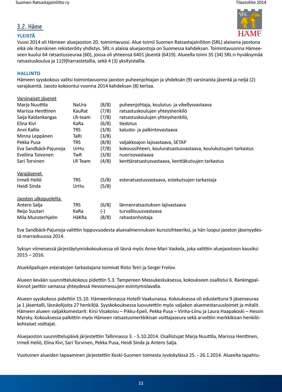 Alueella toimi 35 (34) SRL:n hyväksymää ratsastuskoulua ja 11(9)harrastetallia, sekä 4 (3) yksityistallia.