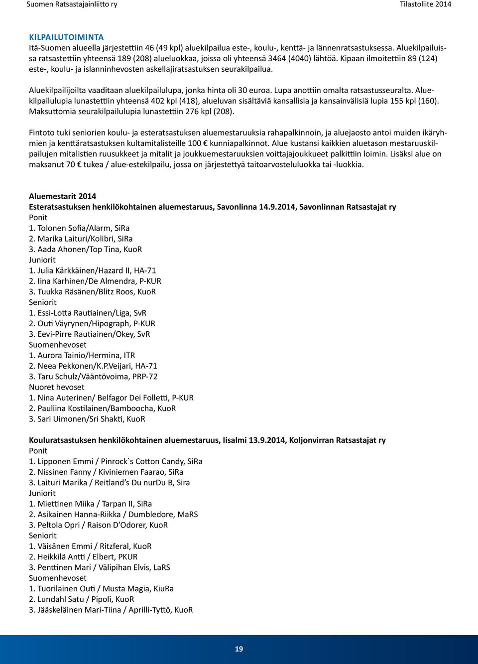 Kipaan ilmoitettiin 89 (124) este-, koulu- ja islanninhevosten askellajiratsastuksen seurakilpailua. Aluekilpailijoilta vaaditaan aluekilpailulupa, jonka hinta oli 30 euroa.