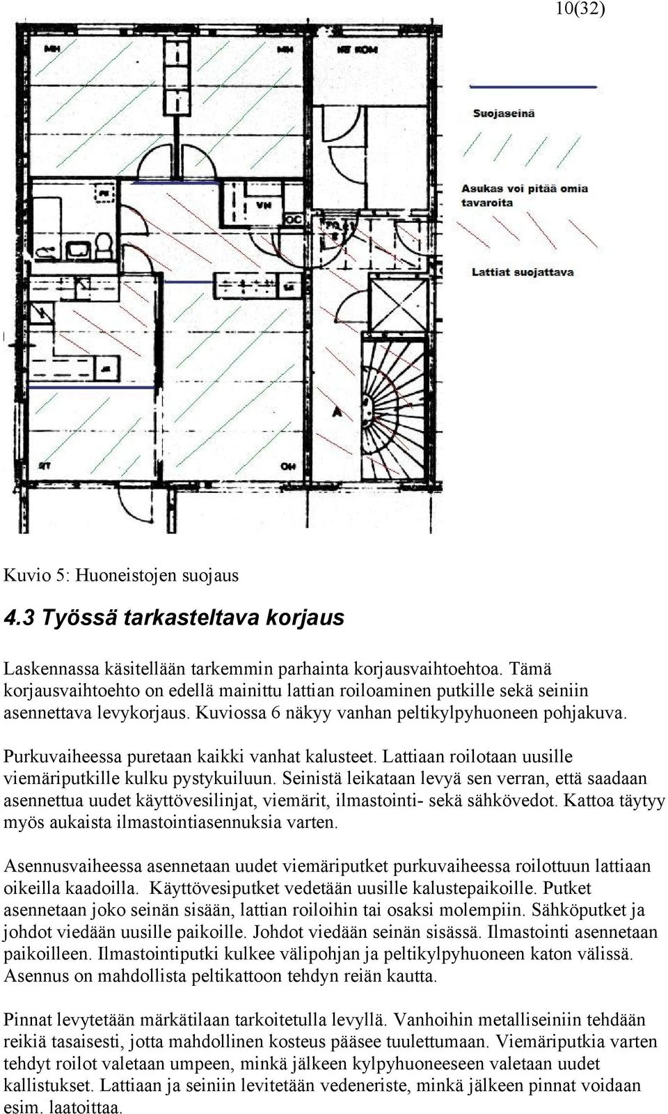 Purkuvaiheessa puretaan kaikki vanhat kalusteet. Lattiaan roilotaan uusille viemäriputkille kulku pystykuiluun.