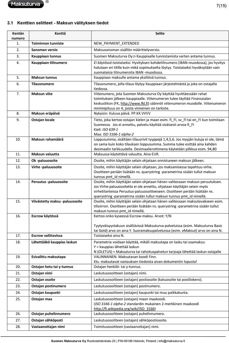 Toistaiseksi hyväksytään vain suomalaisia tiliita IBAN -muodossa. 5. Maksun tunnus Kauppiaan maksulle antama yksilöivä tunnus. 6.