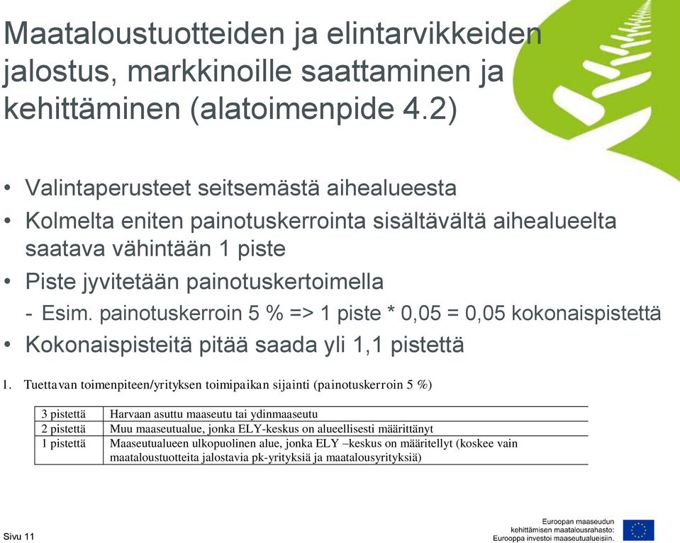 painotuskerroin 5 % => 1 piste * 0,05 = 0,05 kokonaispistettä Kokonaispisteitä pitää saada yli 1,1 pistettä 1.