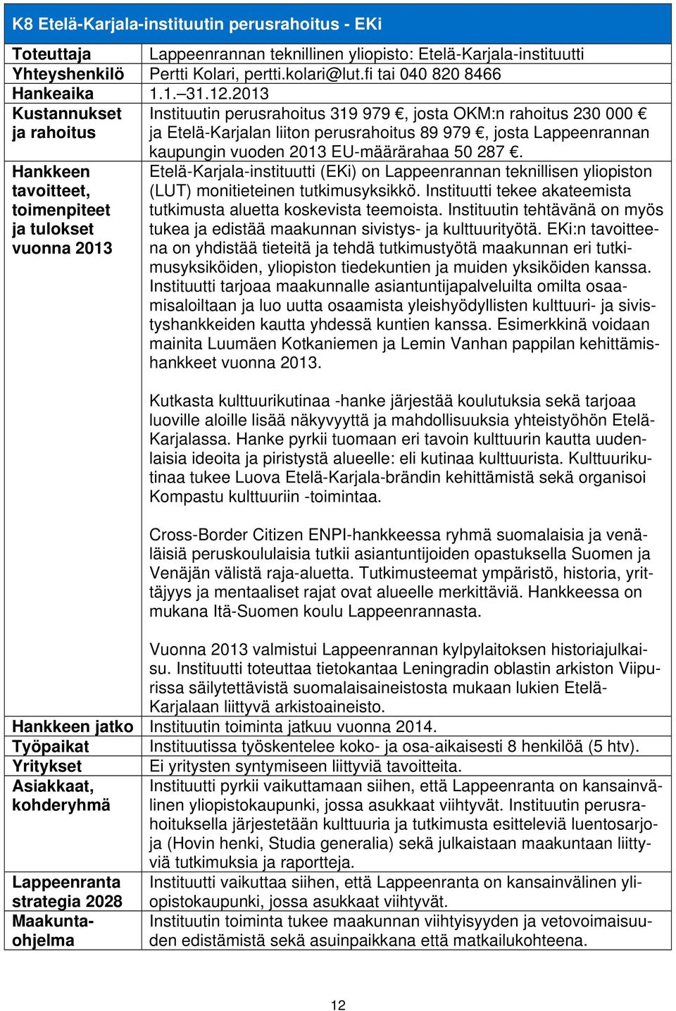 2013 Kustannukset Instituutin perusrahoitus 319 979, josta OKM:n rahoitus 230 000 ja Etelä-Karjalan liiton perusrahoitus 89 979, josta Lappeenrannan kaupungin vuoden 2013 EU-määrärahaa 50 287.