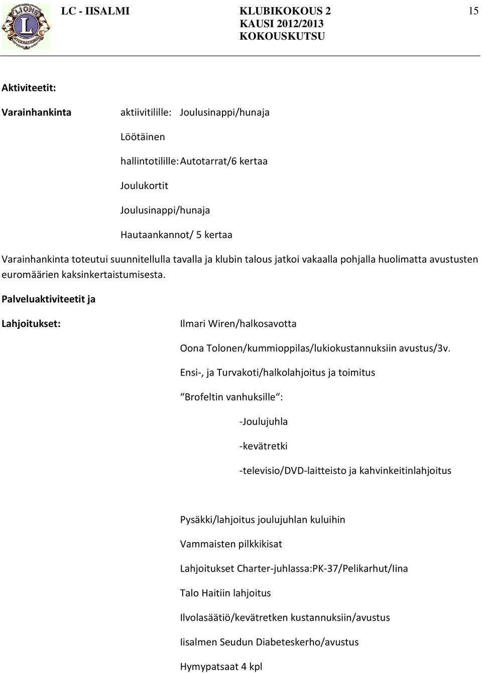 Palveluaktiviteetit ja Lahjoitukset: Ilmari Wiren/halkosavotta Oona Tolonen/kummioppilas/lukiokustannuksiin avustus/3v.