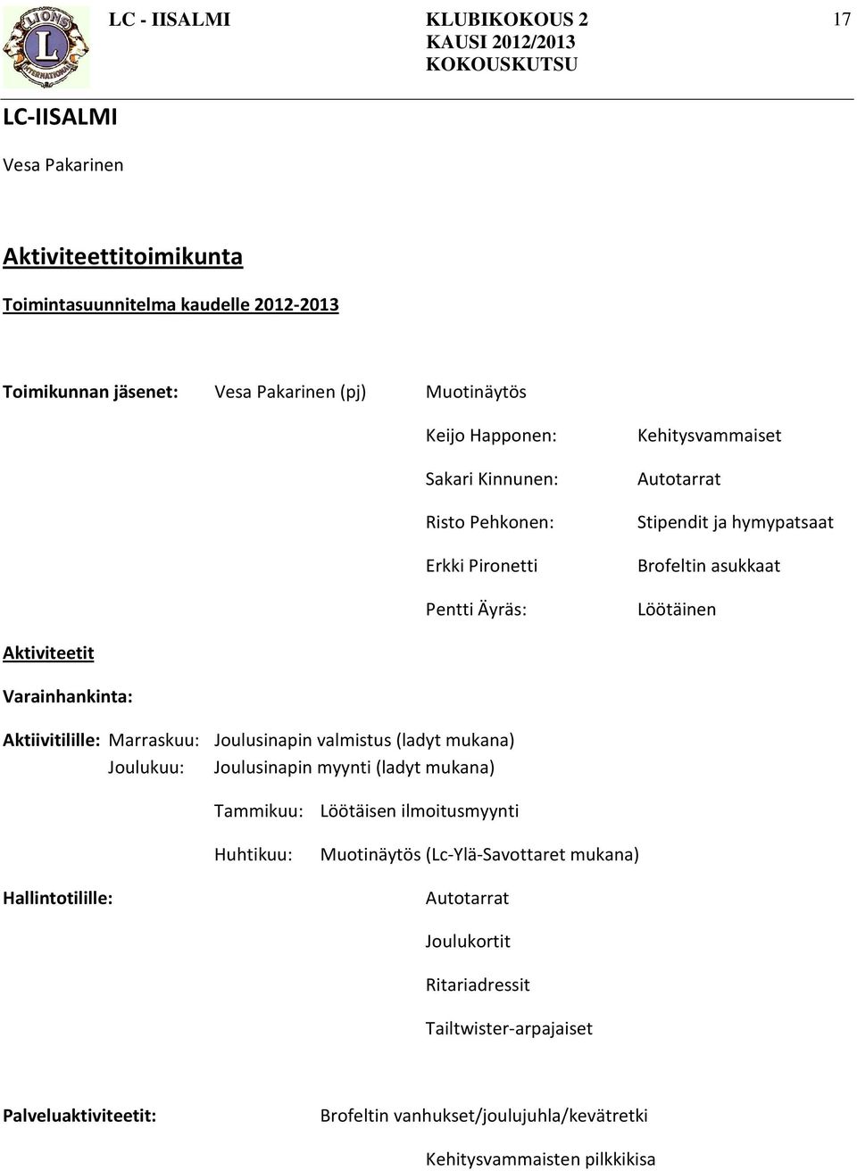 Aktiivitilille: Marraskuu: Joulusinapin valmistus (ladyt mukana) Joulukuu: Joulusinapin myynti (ladyt mukana) Tammikuu: Löötäisen ilmoitusmyynti Huhtikuu: Muotinäytös