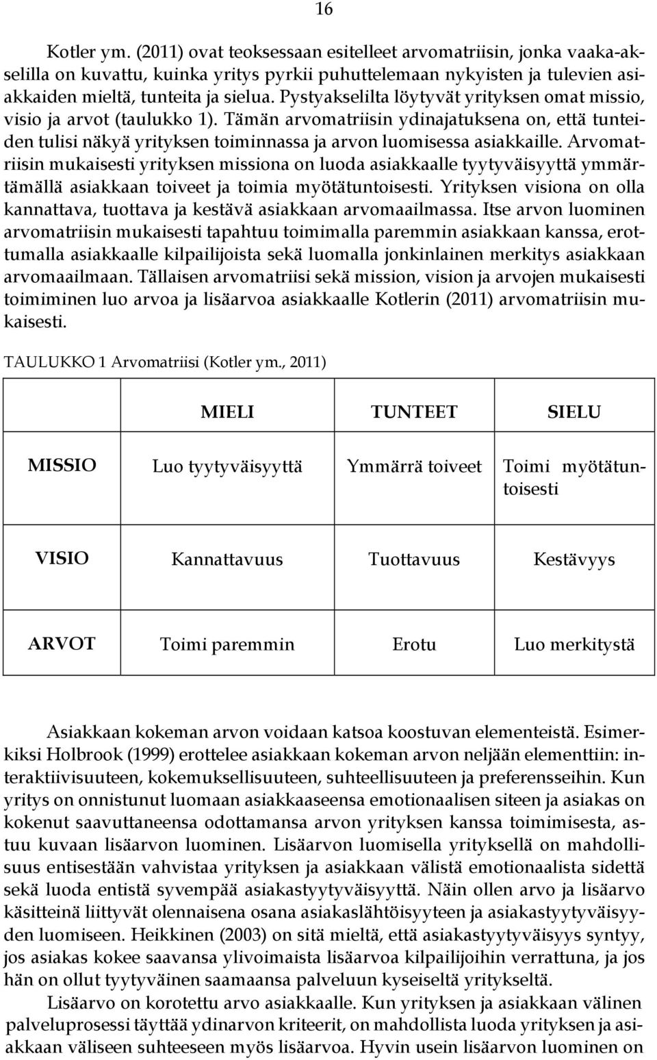 Arvomatriisin mukaisesti yrityksen missiona on luoda asiakkaalle tyytyväisyyttä ymmärtämällä asiakkaan toiveet ja toimia myötätuntoisesti.