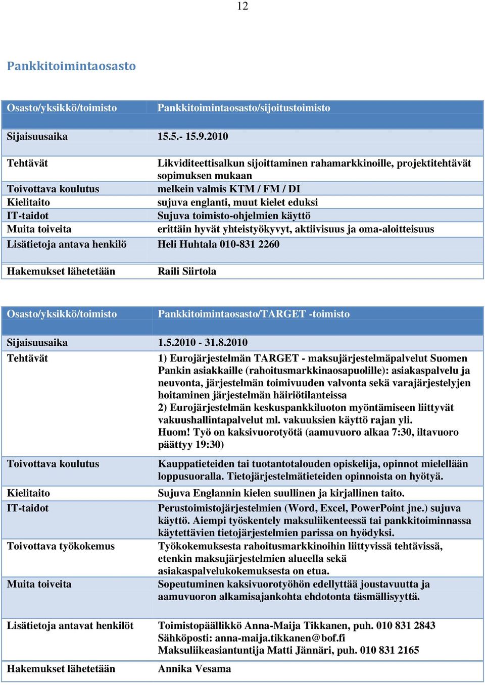 hyvät yhteistyökyvyt, aktiivisuus ja oma-aloitteisuus Lisätietoja antava henkilö Heli Huhtala 010-83