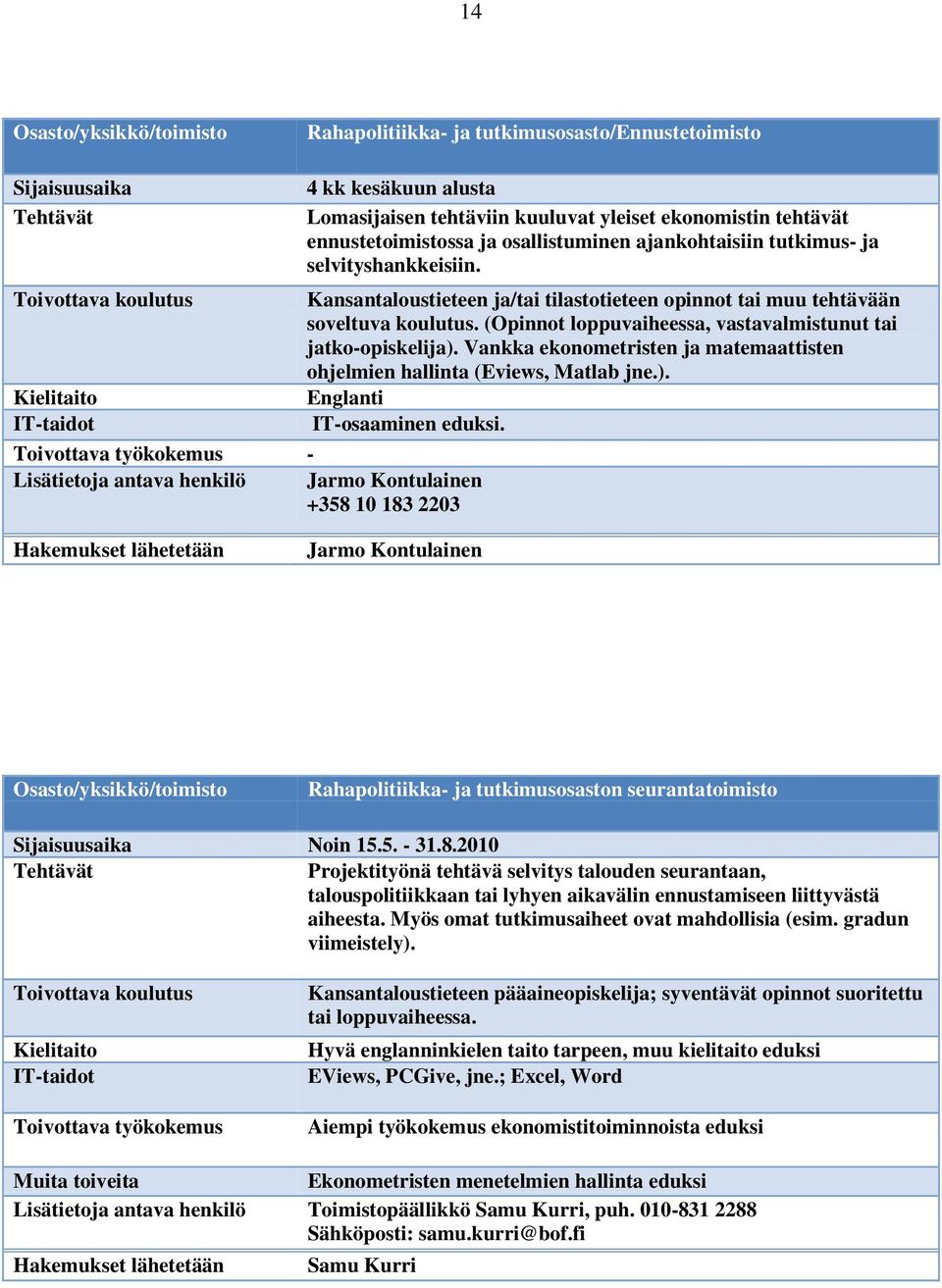 Vankka ekonometristen ja matemaattisten ohjelmien hallinta (Eviews, Matlab jne.). Englanti IT-osaaminen eduksi.