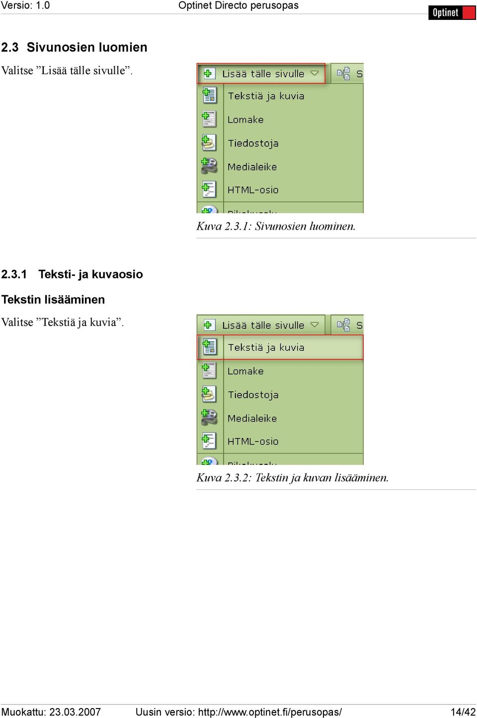 1: Sivunosien luominen. 2.3.