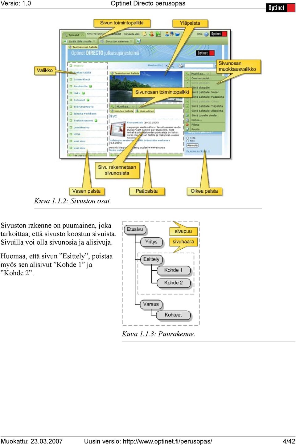 koostuu sivuista. Sivuilla voi olla sivunosia ja alisivuja.