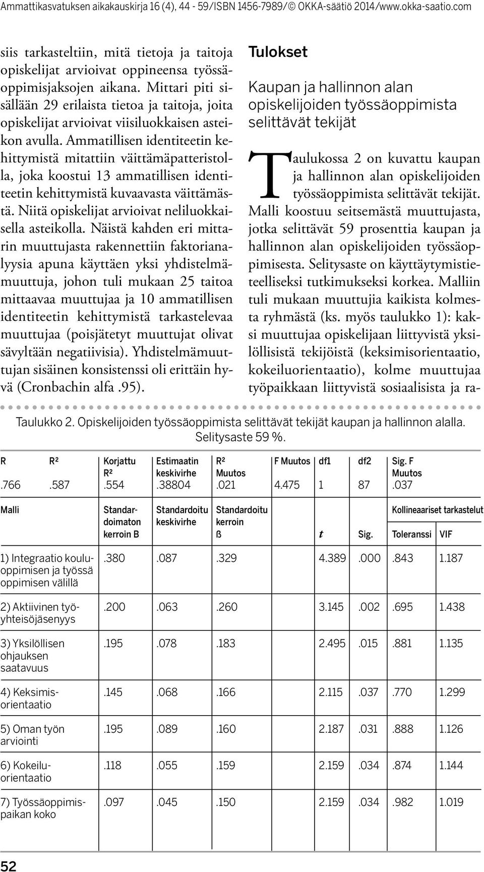 Ammatillisen identiteetin kehittymistä mitattiin väittämäpatteristolla, joka koostui 13 ammatillisen identiteetin kehittymistä kuvaavasta väittämästä.