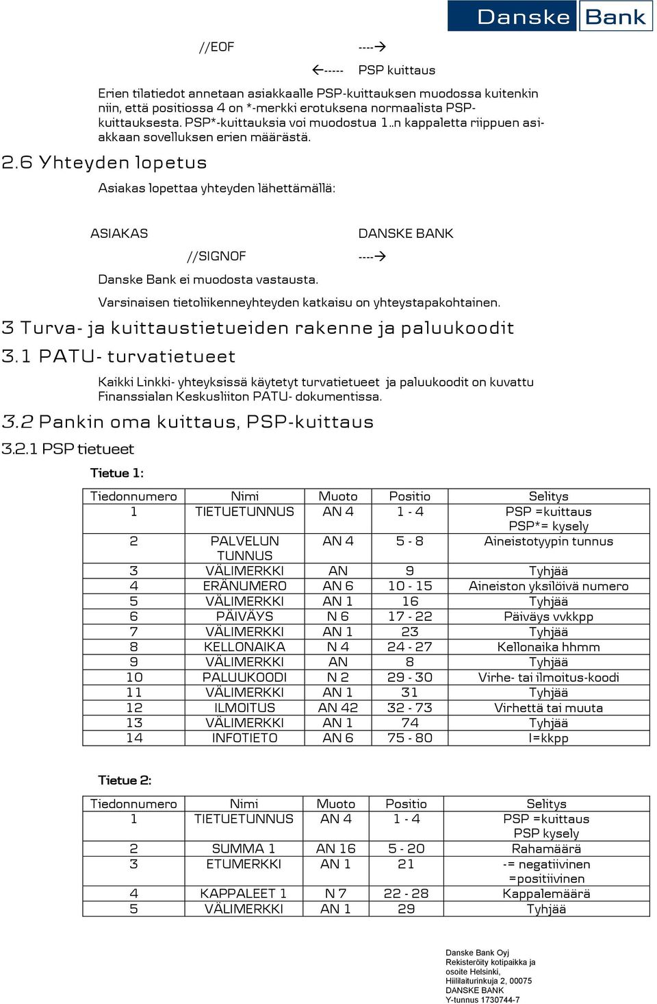 Varsinaisen tietoliikenneyhteyden katkaisu on yhteystapakohtainen. 3 Turva- ja kuittaustietueiden rakenne ja paluukoodit 3.