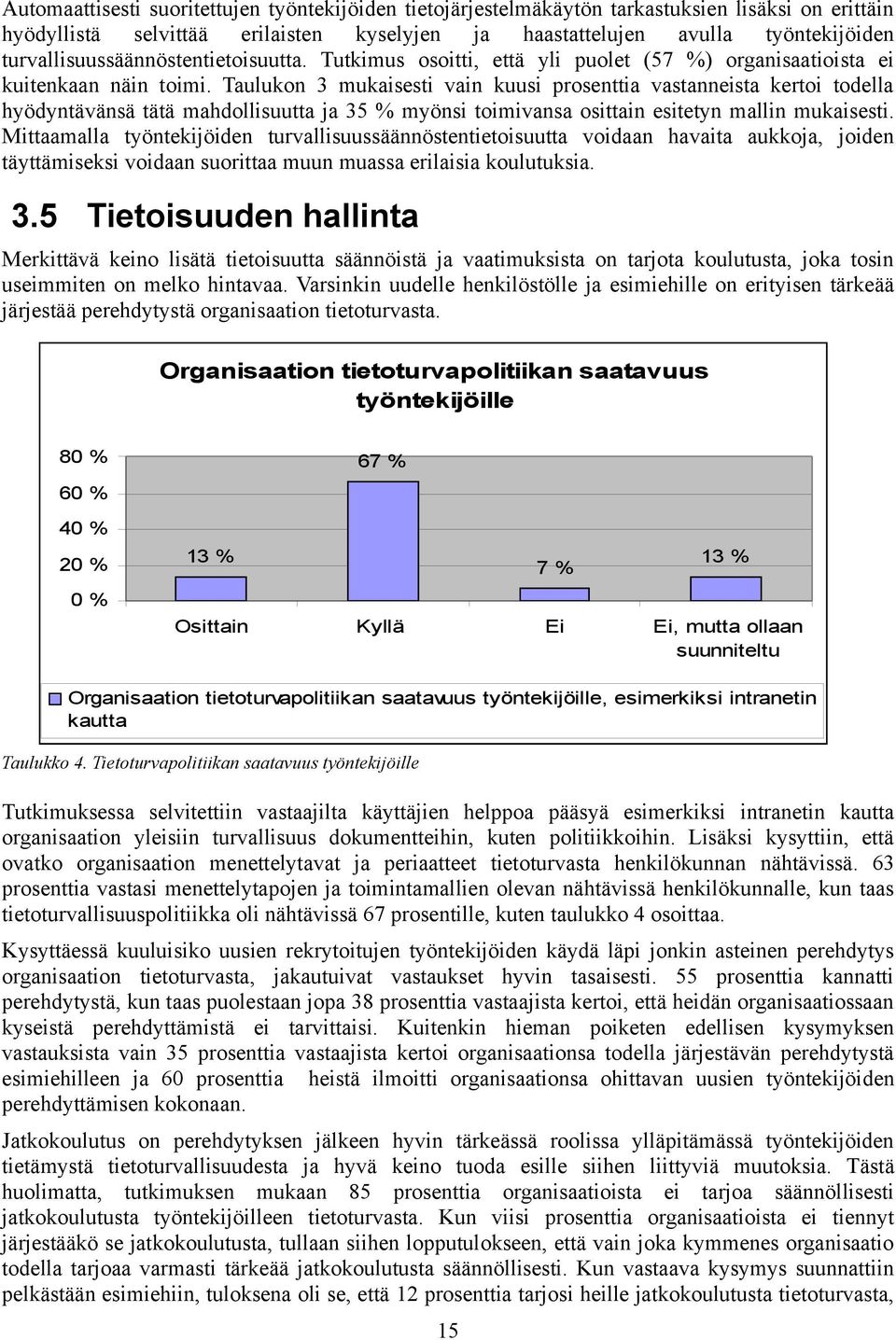 Taulukon 3 mukaisesti vain kuusi prosenttia vastanneista kertoi todella hyödyntävänsä tätä mahdollisuutta ja 35 % myönsi toimivansa osittain esitetyn mallin mukaisesti.