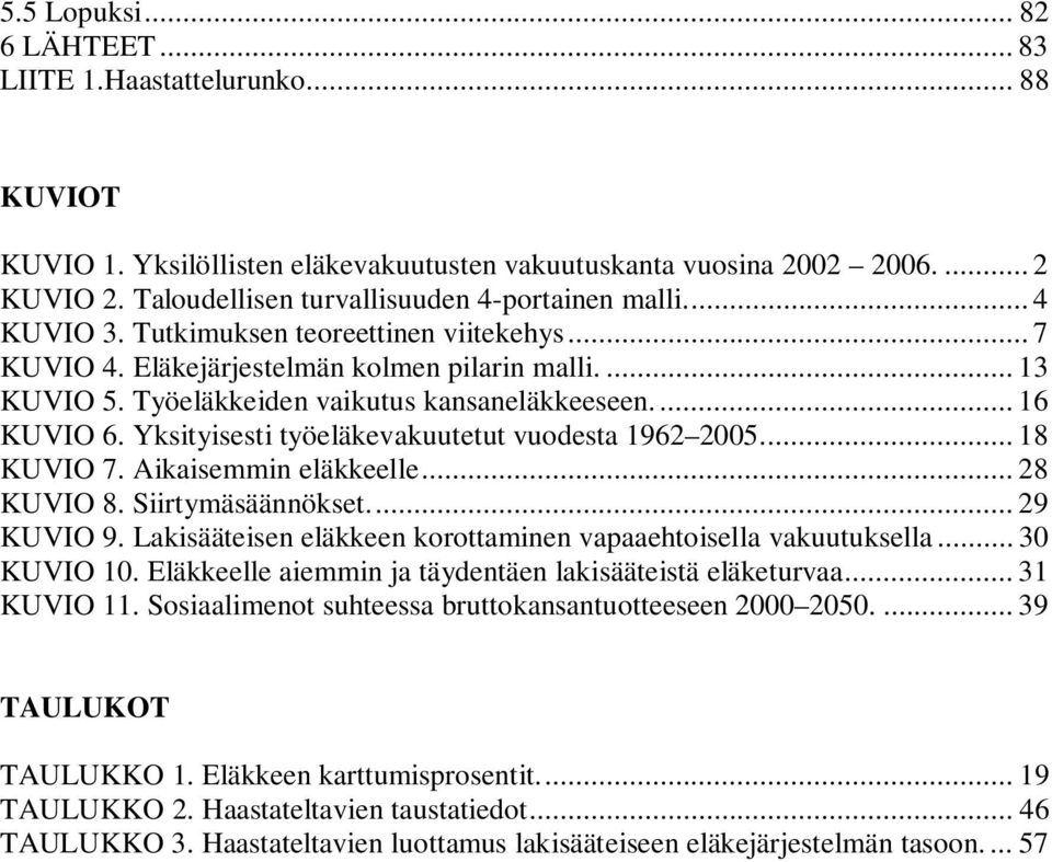 Työeläkkeiden vaikutus kansaneläkkeeseen.... 16 KUVIO 6. Yksityisesti työeläkevakuutetut vuodesta 1962 2005... 18 KUVIO 7. Aikaisemmin eläkkeelle... 28 KUVIO 8. Siirtymäsäännökset... 29 KUVIO 9.