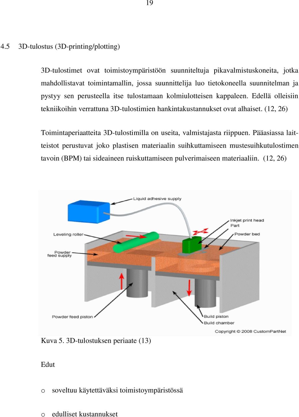 Edellä olleisiin tekniikoihin verrattuna 3D-tulostimien hankintakustannukset ovat alhaiset. (12, 26) Toimintaperiaatteita 3D-tulostimilla on useita, valmistajasta riippuen.