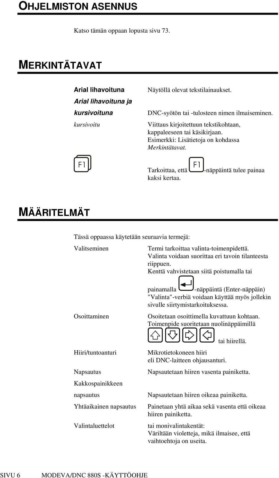 -näppäintä tulee painaa MÄÄRITELMÄT Tässä oppaassa käytetään seuraavia termejä: Valitseminen Termi tarkoittaa valinta-toimenpidettä. Valinta voidaan suorittaa eri tavoin tilanteesta riippuen.