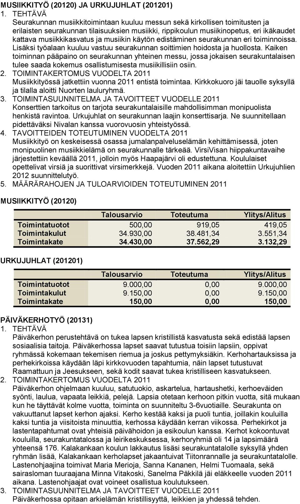 Kaiken toiminnan pääpaino on seurakunnan yhteinen messu, jossa jokaisen seurakuntalaisen tulee saada kokemus osallistumisesta musiikillisiin osiin.