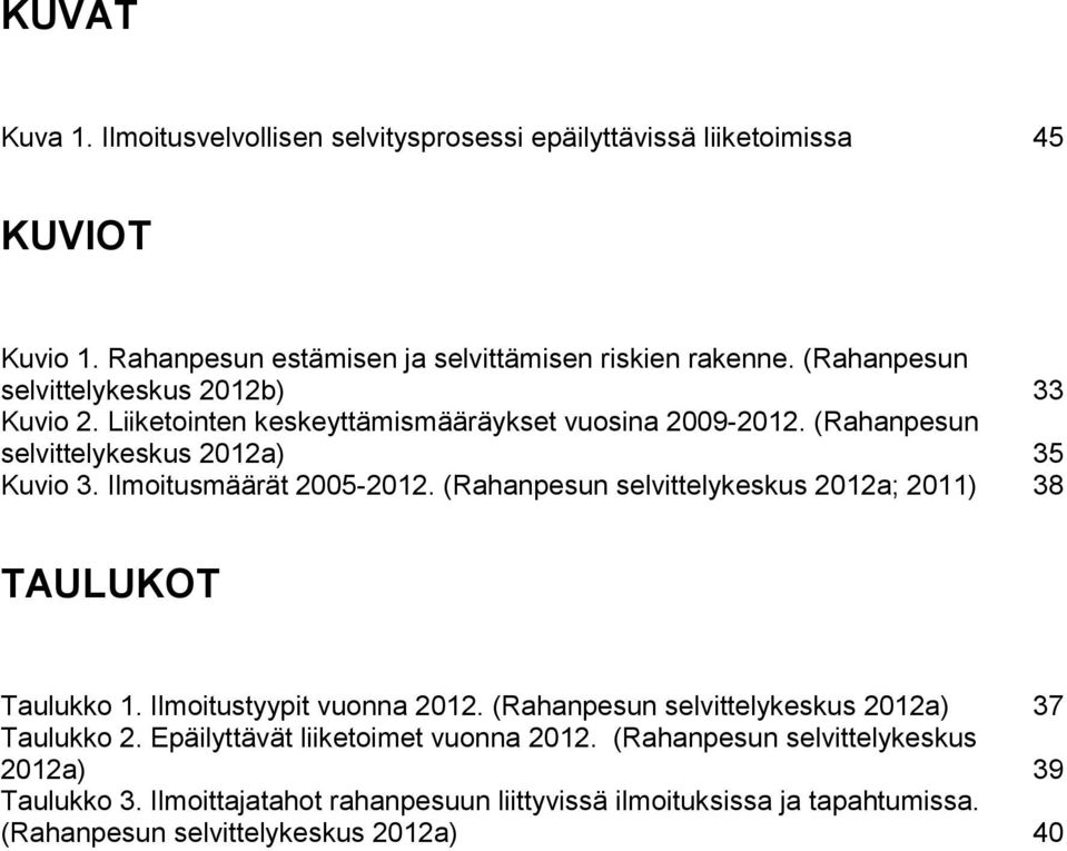 Ilmoitusmäärät 2005-2012. (Rahanpesun selvittelykeskus 2012a; 2011) 38 TAULUKOT Taulukko 1. Ilmoitustyypit vuonna 2012.