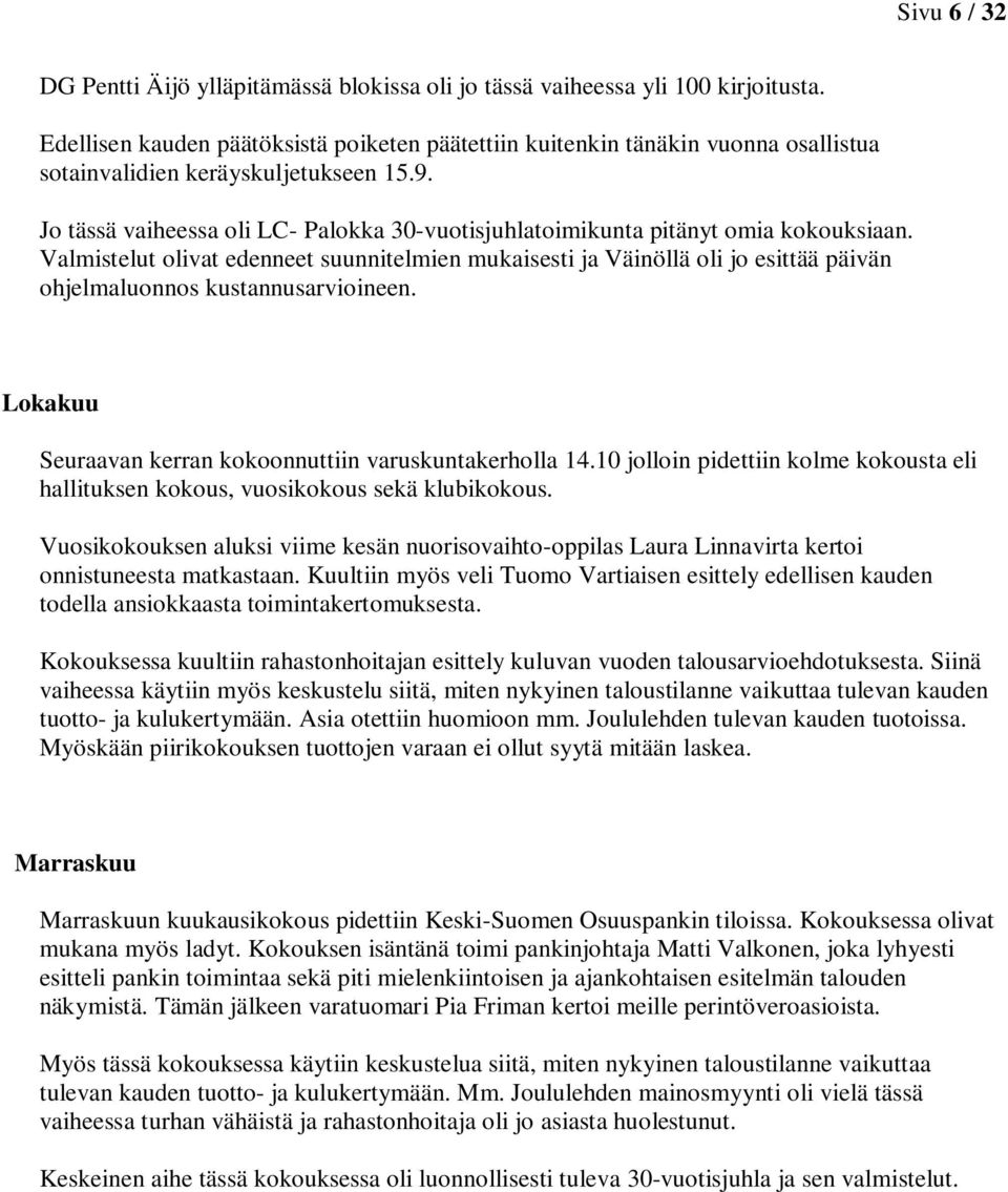 Jo tässä vaiheessa oli LC- Palokka 30-vuotisjuhlatoimikunta pitänyt omia kokouksiaan.