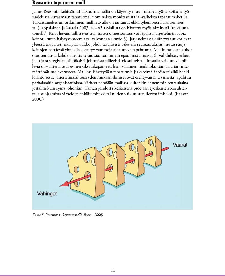 Reiät havainnollistavat sitä, miten onnettomuus voi läpäistä järjestelmän suojakeinot, kuten hälytyssysteemit tai valvonnan (kuvio 5).