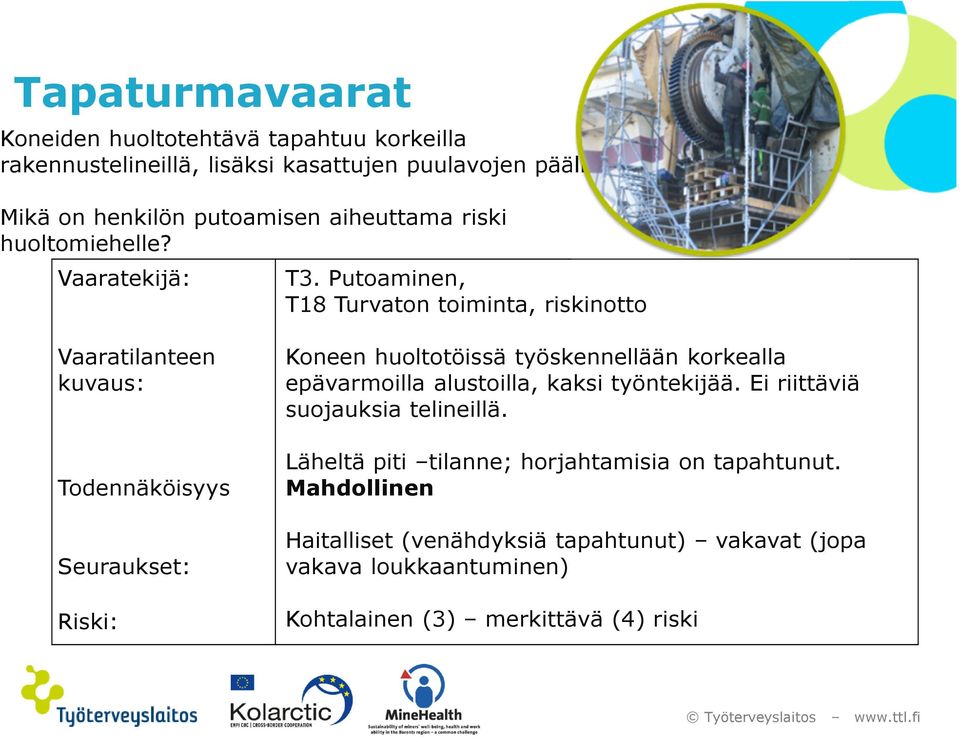 Putoaminen, T18 Turvaton toiminta, riskinotto Vaaratilanteen kuvaus: Todennäköisyys Seuraukset: Riski: Koneen huoltotöissä työskennellään korkealla