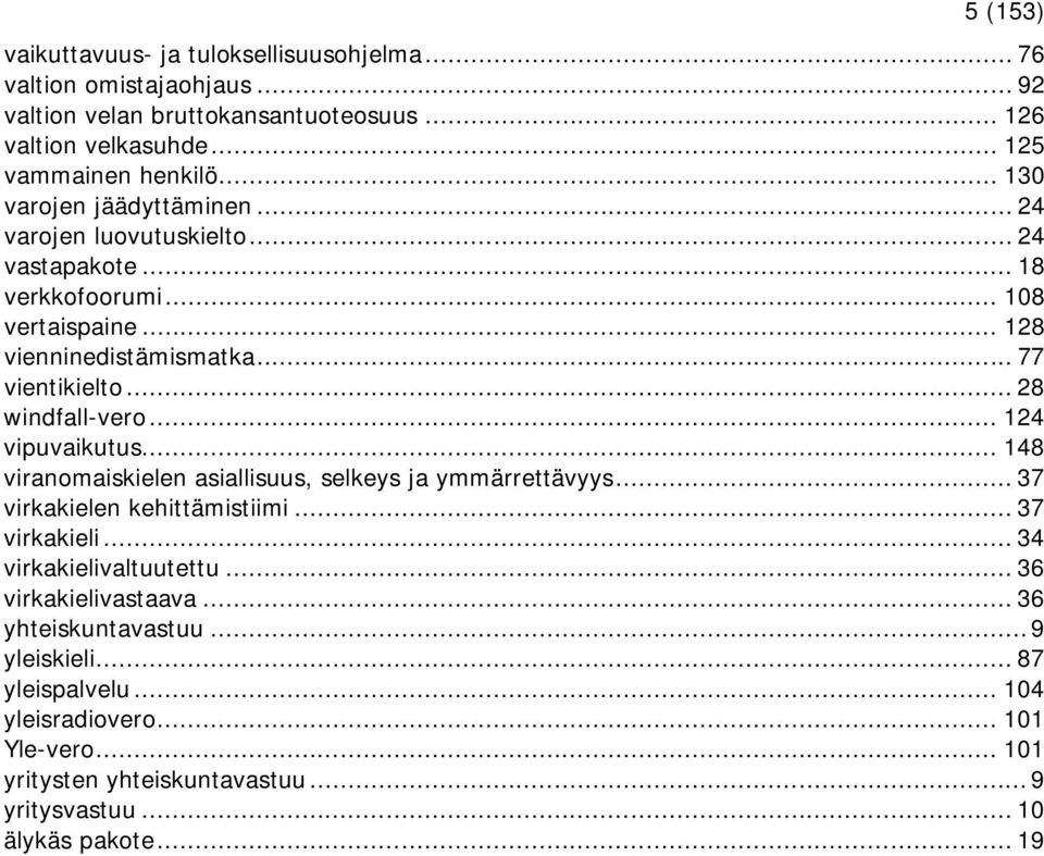 .. 28 windfall-vero... 124 vipuvaikutus... 148 viranomaiskielen asiallisuus, selkeys ja ymmärrettävyys... 37 virkakielen kehittämistiimi... 37 virkakieli.