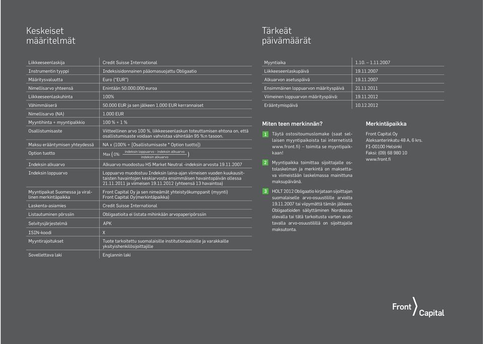 000 EUR Myyntihinta + myyntipalkkio 100 % + 1 % Osallistumisaste Maksu erääntymisen yhteydessä Option tuotto Viitteellinen arvo 100 %, liikkeeseenlaskun toteuttamisen ehtona on, että osallistumisaste