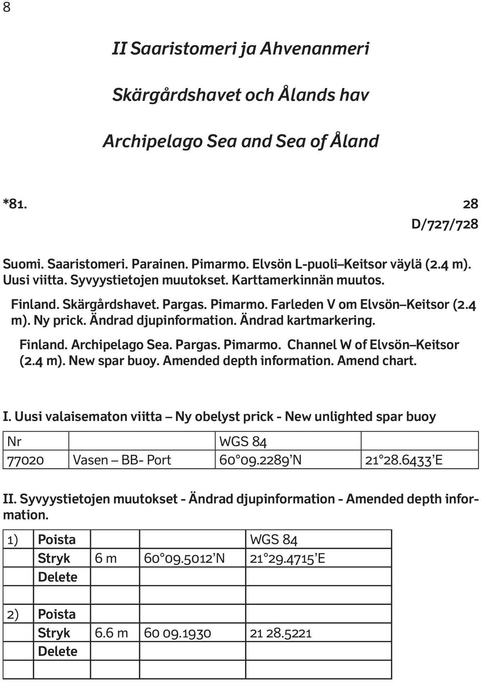 Finland. Archipelago Sea. Pargas. Pimarmo. Channel W of Elvsön Keitsor (2.4 m). New spar buoy. Amended depth information. Amend chart. I.