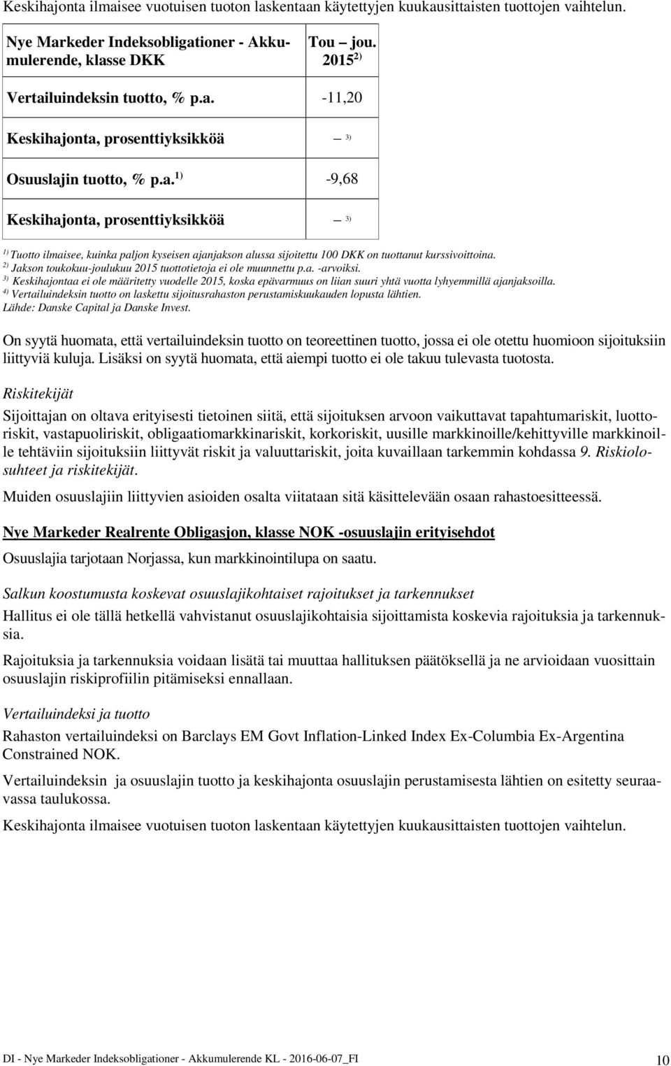 2) Jakson toukokuu-joulukuu 2015 tuottotietoja ei ole muunnettu p.a. -arvoiksi. 3) Keskihajontaa ei ole määritetty vuodelle 2015, koska epävarmuus on liian suuri yhtä vuotta lyhyemmillä ajanjaksoilla.