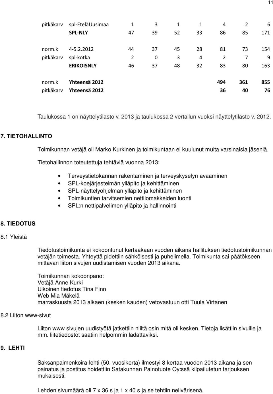 Tietohallinnon toteutettuja tehtäviä vuonna 2013: Terveystietokannan rakentaminen ja terveyskyselyn avaaminen SPL-koejärjestelmän ylläpito ja kehittäminen SPL-näyttelyohjelman ylläpito ja