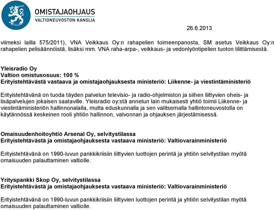 Yleisradio Oy Erityistehtävästä vastaava ja omistajaohjauksesta ministeriö: Liikenne- ja viestintäministeriö Erityistehtävänä on tuoda täyden palvelun televisio- ja radio-ohjelmiston ja siihen