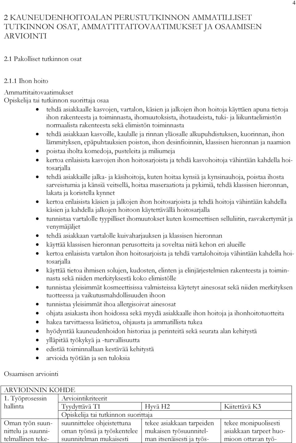 1 Ihon hoito Ammattitaitovaatimukset tai tutkinnon suorittaja osaa tehdä asiakkaalle kasvojen, vartalon, käsien ja jalkojen ihon hoitoja käyttäen apuna tietoja ihon rakenteesta ja toiminnasta,