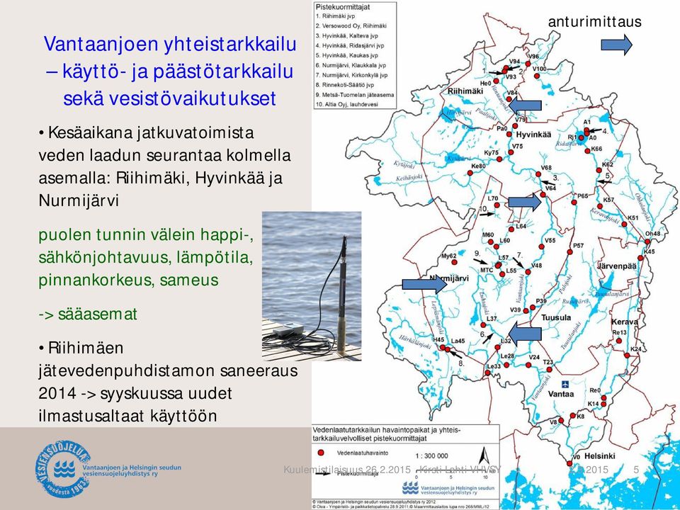 puolen tunnin välein happi-, sähkönjohtavuus, lämpötila, pinnankorkeus, sameus -> sääasemat