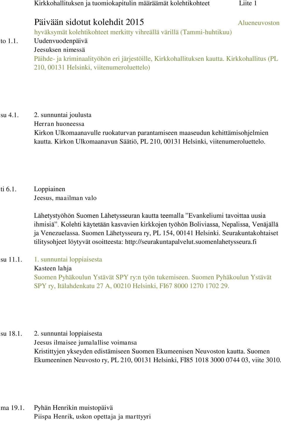 järjestöille, Kirkkohallituksen kautta. Kirkkohallitus (PL 210, 00131 Helsinki, viitenumeroluettelo) su 4.1. 2. sunnuntai joulusta Herran huoneessa Kirkon Ulkomaanavulle ruokaturvan parantamiseen maaseudun kehittämisohjelmien kautta.