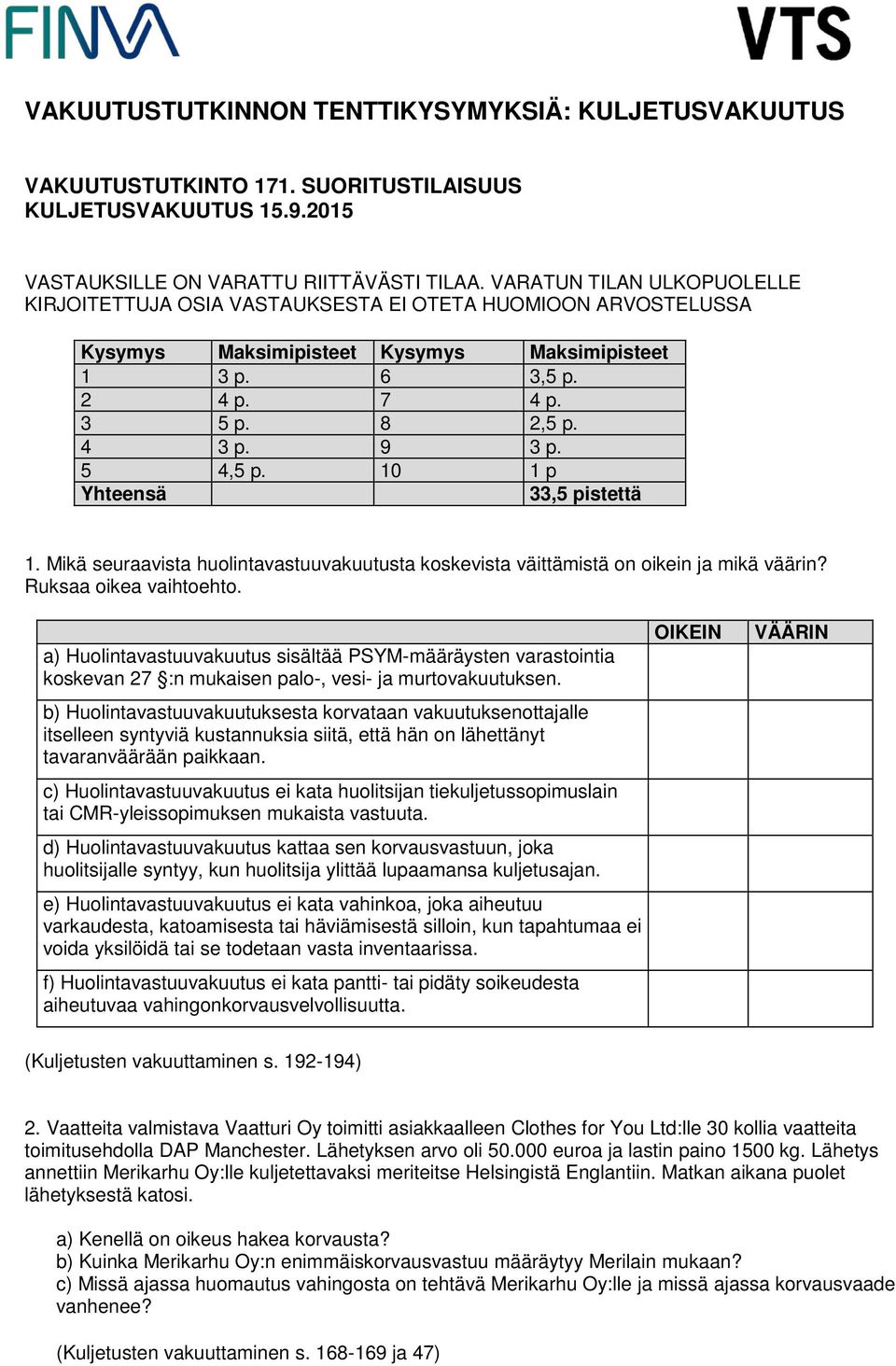 5 4,5 p. 10 1 p Yhteensä 33,5 pistettä 1. Mikä seuraavista huolintavastuuvakuutusta koskevista väittämistä on oikein ja mikä väärin? Ruksaa oikea vaihtoehto.