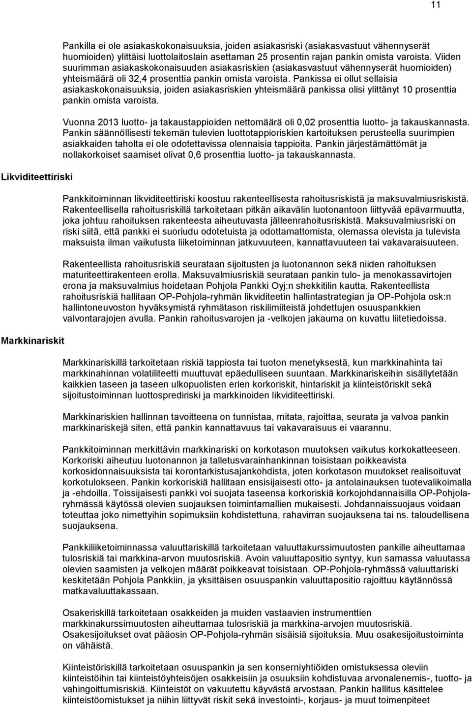 Pankissa ei ollut sellaisia asiakaskokonaisuuksia, joiden asiakasriskien yhteismäärä pankissa olisi ylittänyt 10 prosenttia pankin omista varoista.