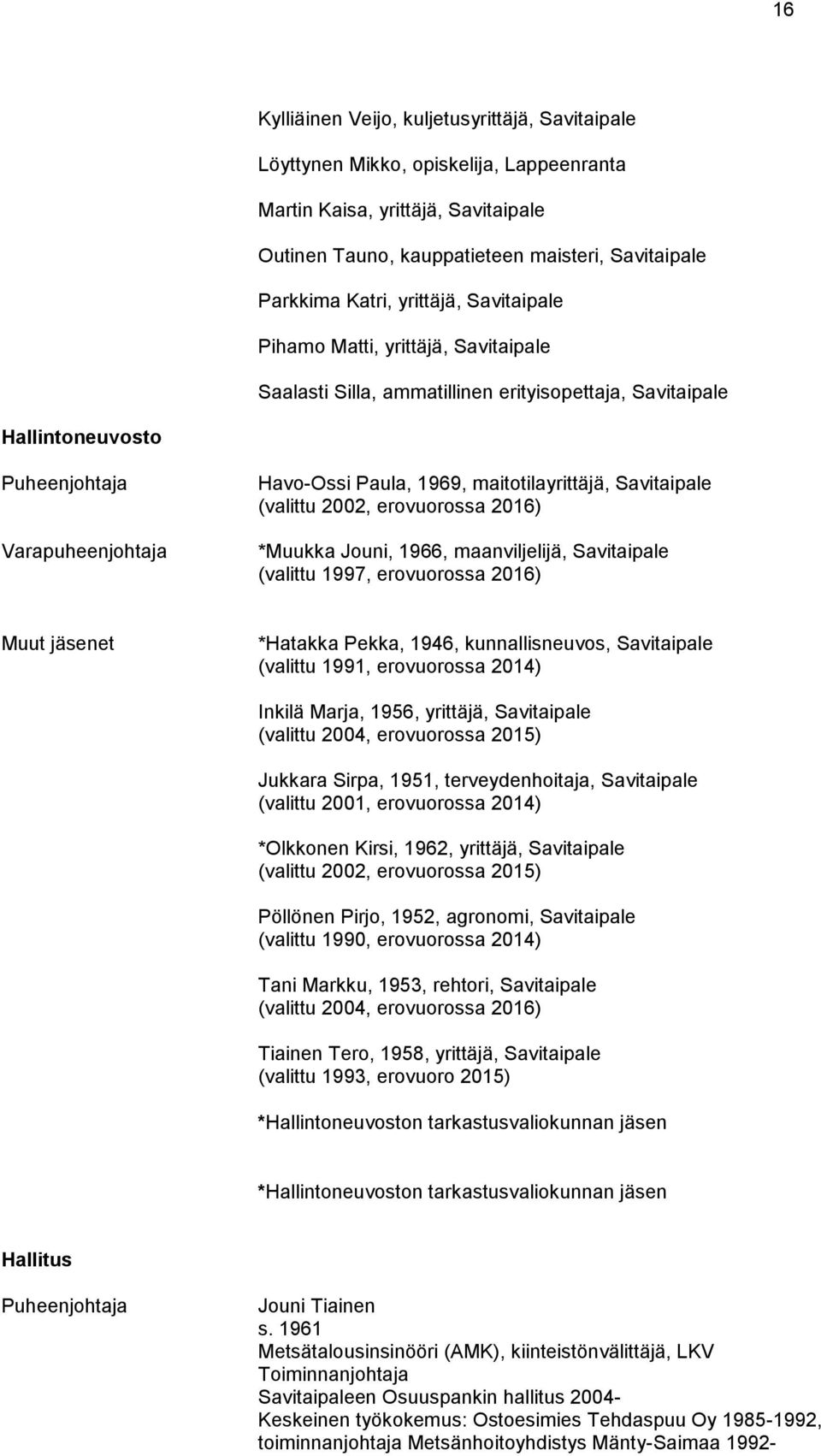 maitotilayrittäjä, Savitaipale (valittu 2002, erovuorossa 2016) *Muukka Jouni, 1966, maanviljelijä, Savitaipale (valittu 1997, erovuorossa 2016) Muut jäsenet *Hatakka Pekka, 1946, kunnallisneuvos,