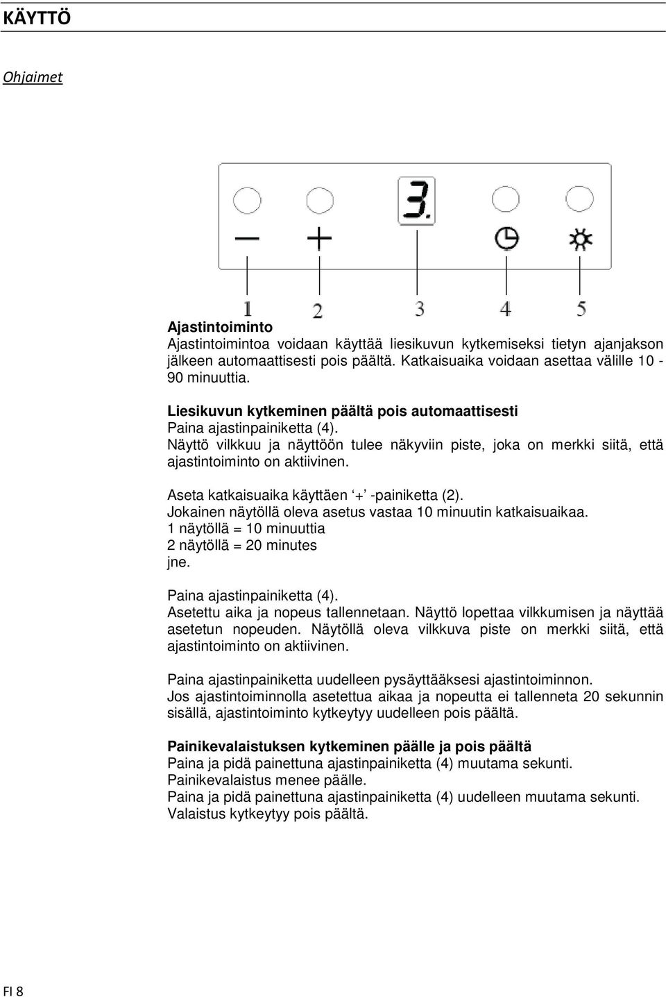 Aseta katkaisuaika käyttäen + -painiketta (2). Jokainen näytöllä oleva asetus vastaa 10 minuutin katkaisuaikaa. 1 näytöllä = 10 minuuttia 2 näytöllä = 20 minutes jne. Paina ajastinpainiketta (4).