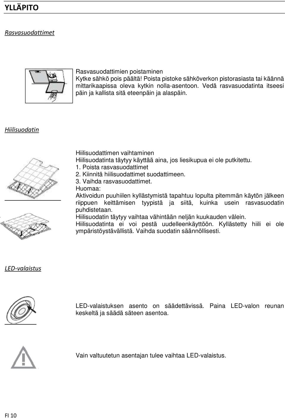 Poista rasvasuodattimet 2. Kiinnitä hiilisuodattimet suodattimeen. 3. Vaihda rasvasuodattimet.