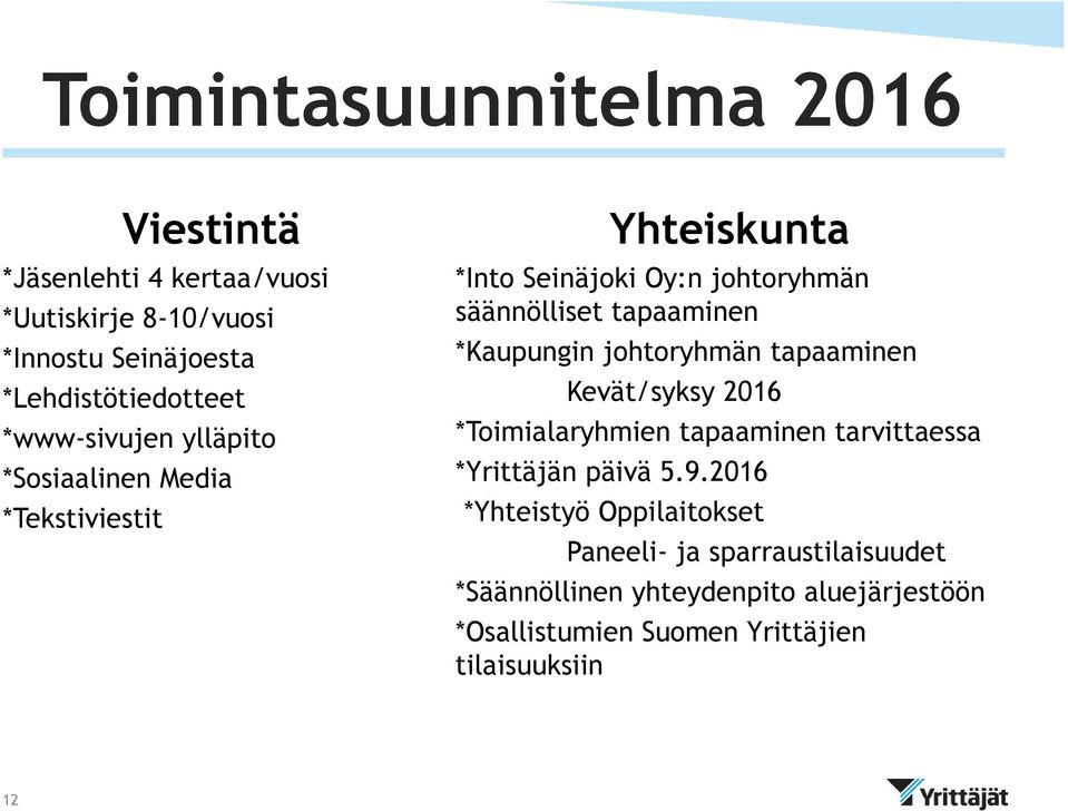 *Kaupungin johtoryhmän tapaaminen Kevät/syksy 2016 *Toimialaryhmien tapaaminen tarvittaessa *Yrittäjän päivä 5.9.