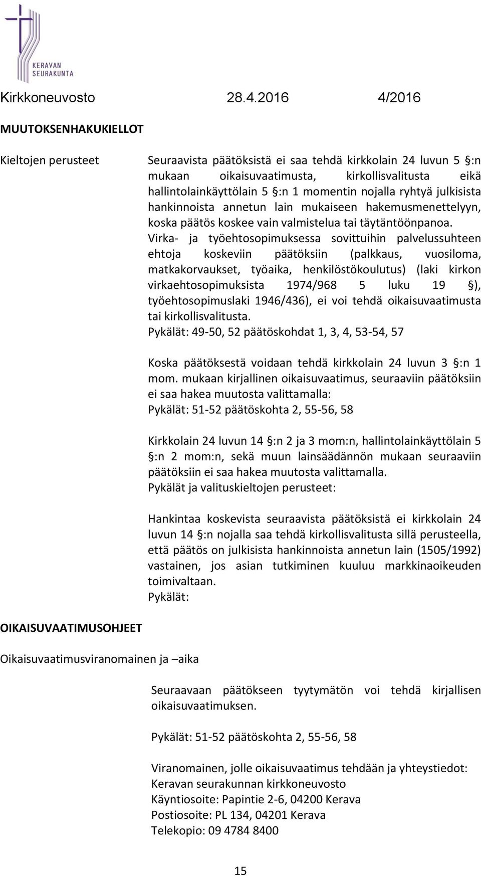 Virka- ja työehtosopimuksessa sovittuihin palvelussuhteen ehtoja koskeviin päätöksiin (palkkaus, vuosiloma, matkakorvaukset, työaika, henkilöstökoulutus) (laki kirkon virkaehtosopimuksista 1974/968 5