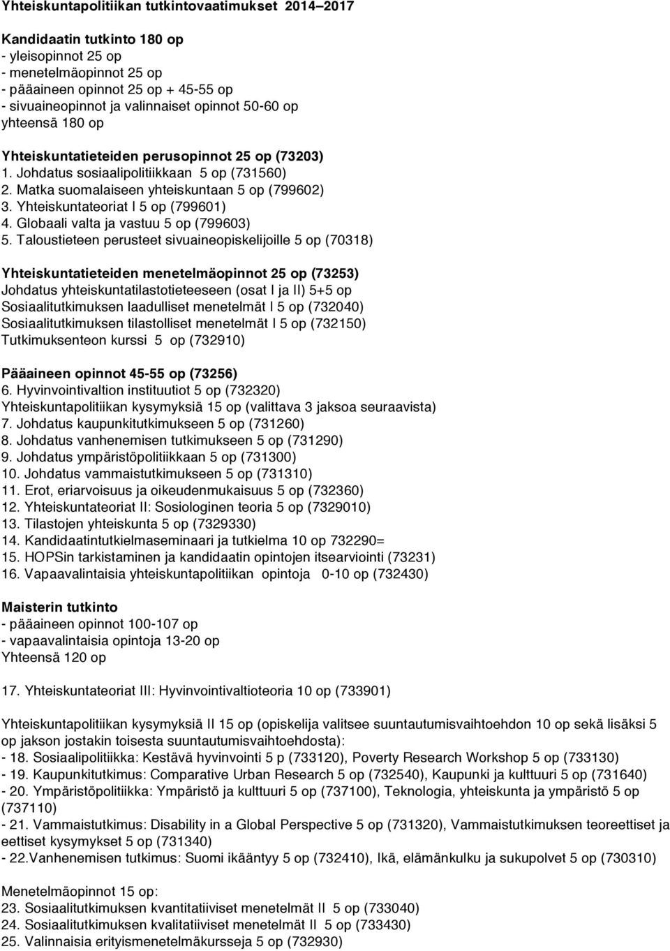 Yhteiskuntateoriat I 5 op (799601) 4. Globaali valta ja vastuu 5 op (799603) 5.