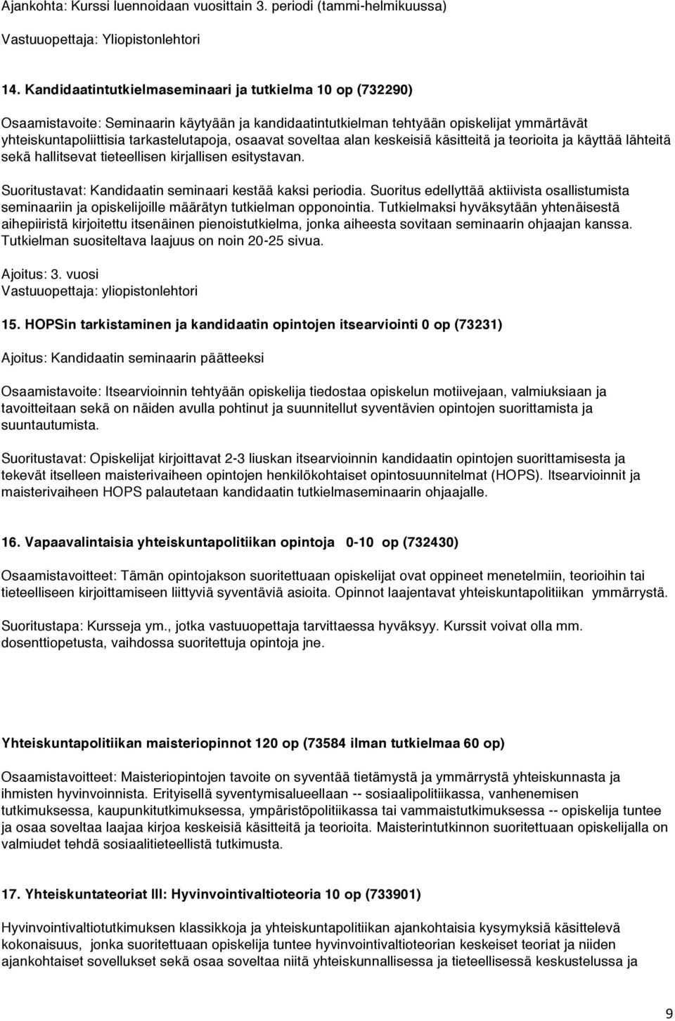 soveltaa alan keskeisiä käsitteitä ja teorioita ja käyttää lähteitä sekä hallitsevat tieteellisen kirjallisen esitystavan. Suoritustavat: Kandidaatin seminaari kestää kaksi periodia.