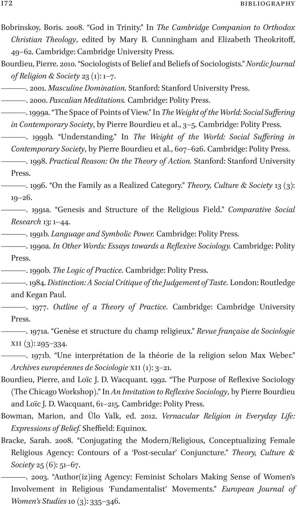 Stanford: Stanford University Press.. 2000. Pascalian Meditations. Cambridge: Polity Press.. 1999a. The Space of Points of View.